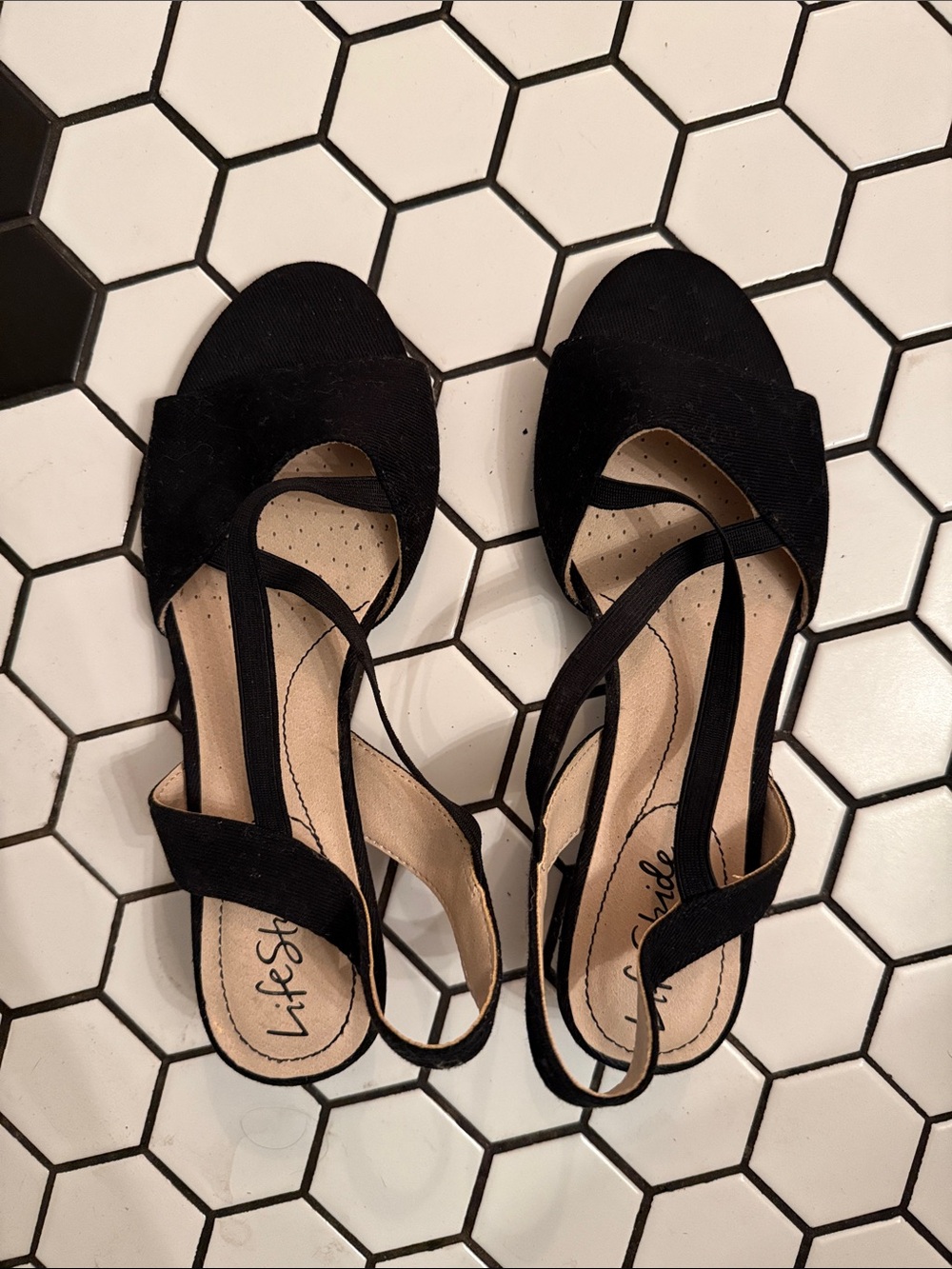 Life Stride Black Open-Toe Slingback Heels with Crisscross Straps